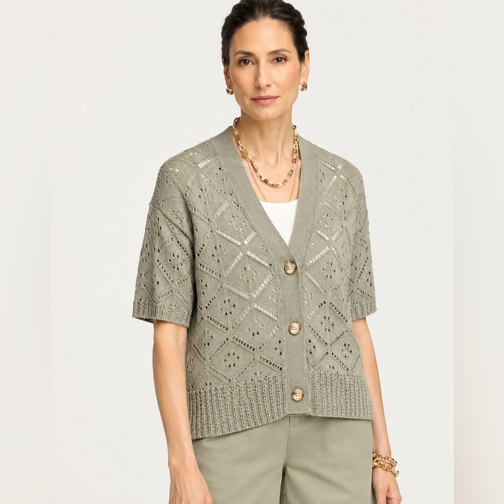 NWT Chico's Short Sleeve Cardigan Sweater Sage Green XXL Cotton Blend open-knit